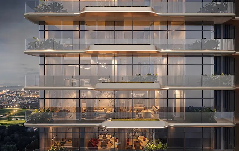 Exterior facade of Smartworld Elie Saab ultra-luxury residences in Sector 98 Noida, featuring floor-to-ceiling glass, expansive balconies, and panoramic golf course views at dusk